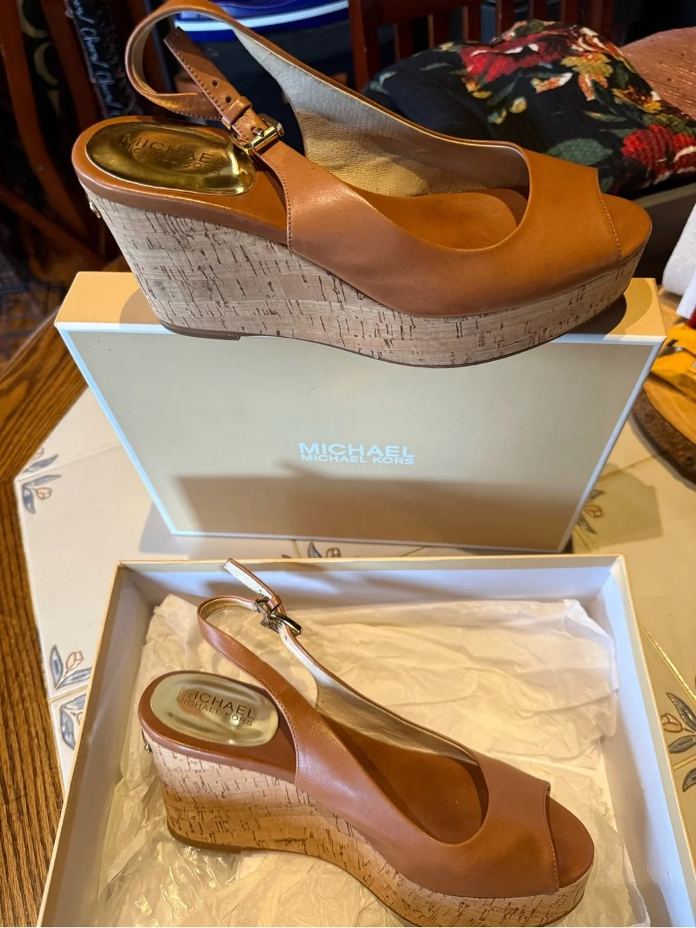 MICHAEL Michael Kors Cognac Leather Cork Wedge Slingback